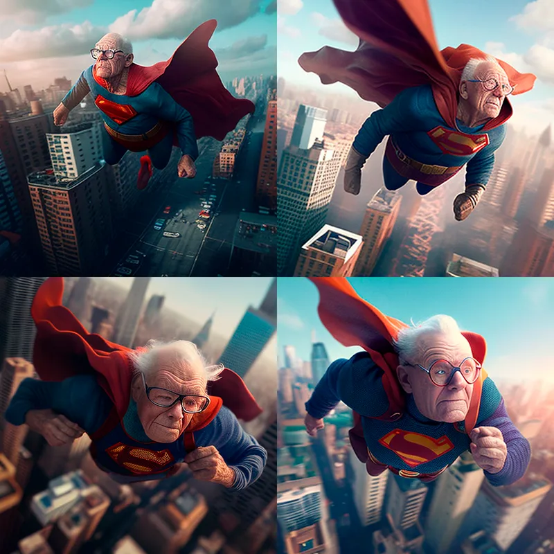 Пожилой мужчина летит над городом в костюме супермена